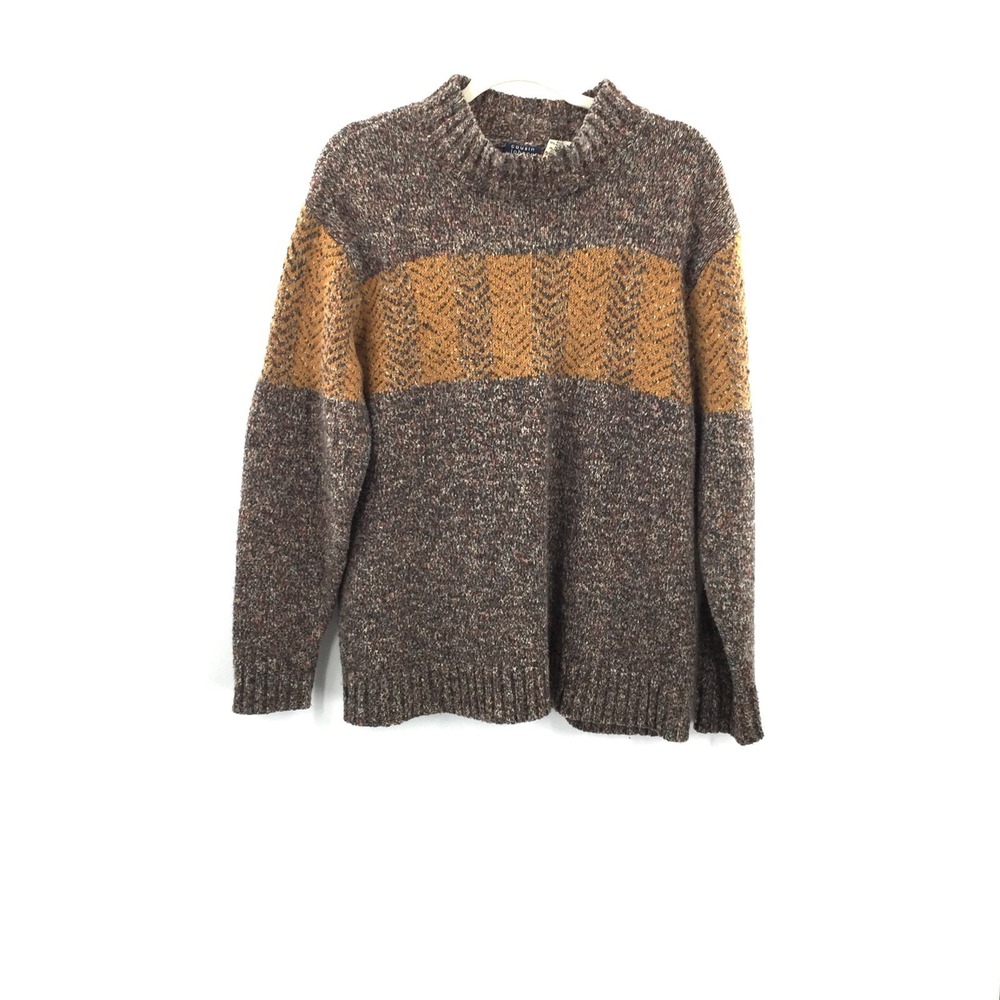 Cousin johnny Gray Mustered Stripe wool mock Neck Sweater hobbitcore boho L